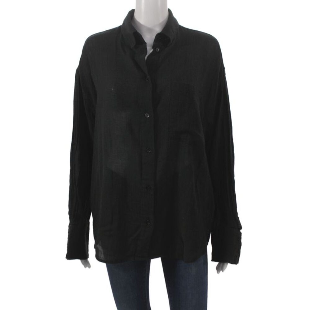 Zara Women Basic Black Cotton Collared Button-Up Top Size M